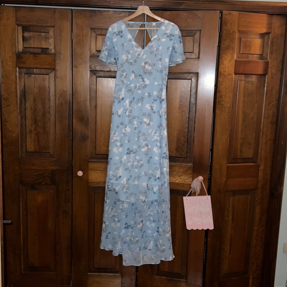 Light blue floral open back dress